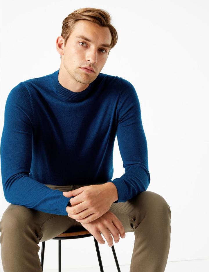 Marks & Spencer Pure Extra Fine Merino Wool High Neck Jumper Marine