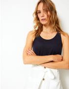 Marks & Spencer Round Neck Vest Top With Linen Navy