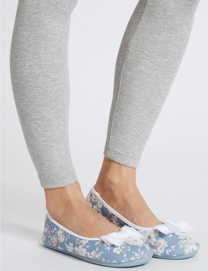 Marks & Spencer Rose Print Ballerina Slippers Blue Mix