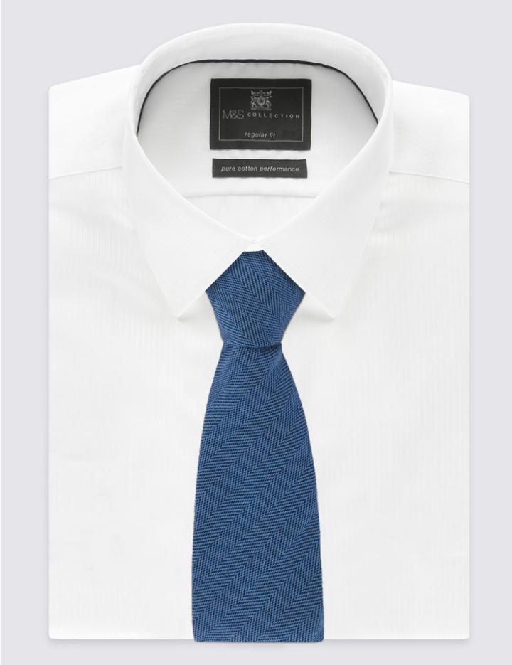 Marks & Spencer Wool Blend Wide Twill Tie Blue Denim