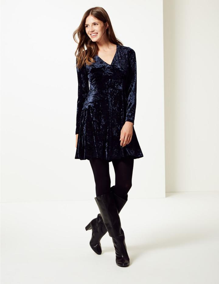 Marks & Spencer Velvet Long Sleeve Swing Dress Navy