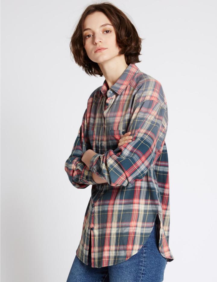 Marks & Spencer Pure Cotton Checked Long Sleeve Shirt Navy Mix