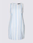 Marks & Spencer Curve Linen Blend Striped Tunic Dress Navy Mix