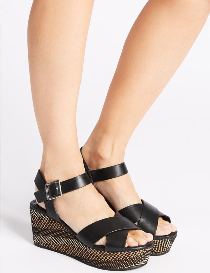 Marks & Spencer Wedge Heel Textured Crossover Sandals Black Mix