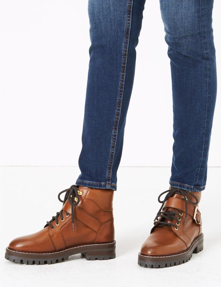Marks & Spencer Leather Hiker Ankle Boots Dark Tan