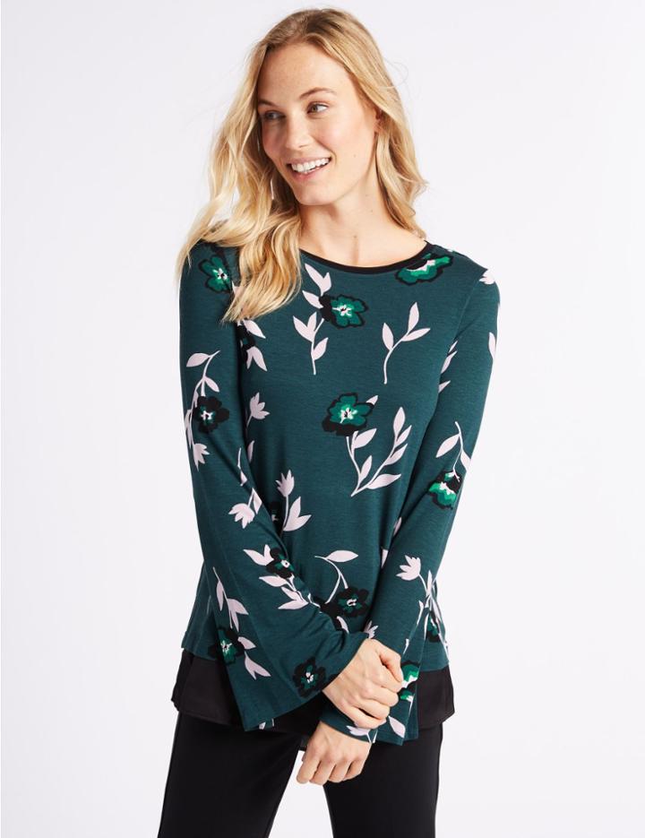 Marks & Spencer Floral Print Contrasting Hem Longline Tunic Black Mix