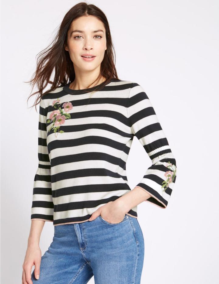 Marks & Spencer Striped Round Neck Jumper Navy Mix