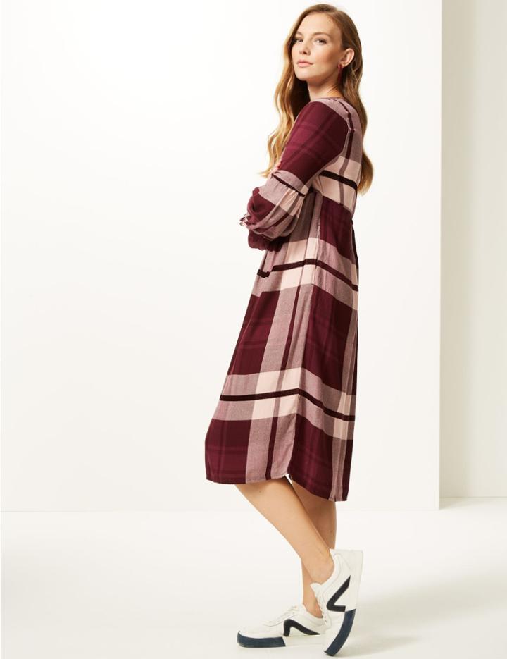 Marks & Spencer Checked Longline Skater Midi Dress Red Mix