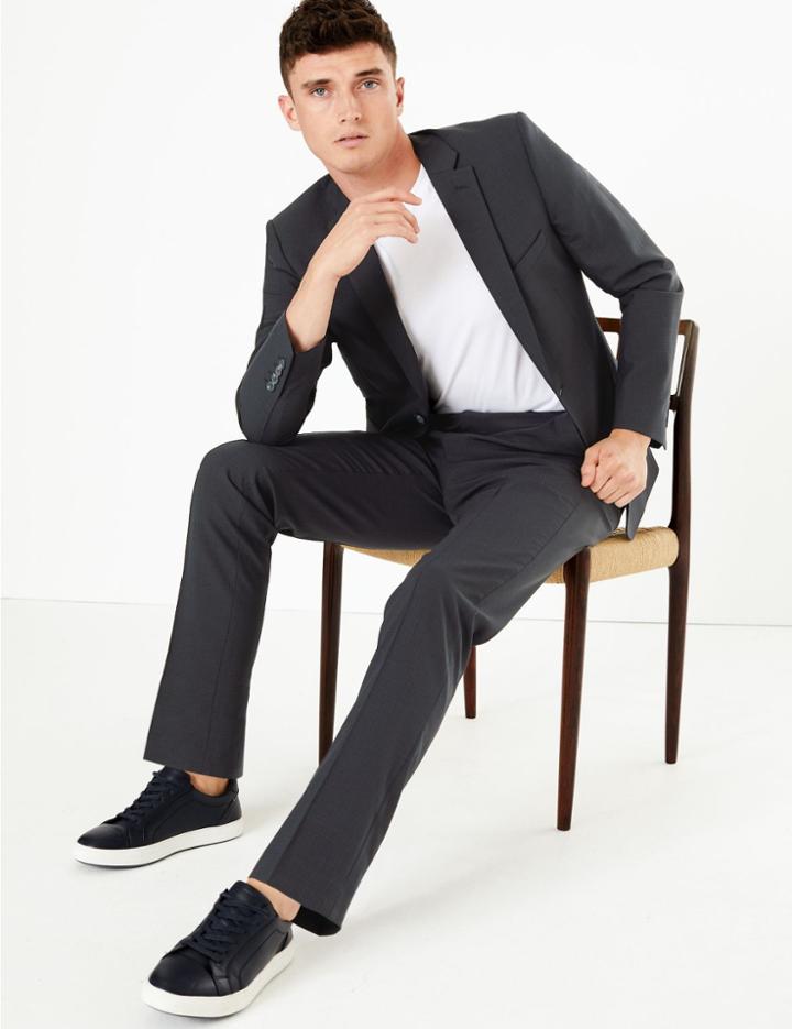 Marks & Spencer The Ultimate Navy Checked Slim Fit Trousers Navy
