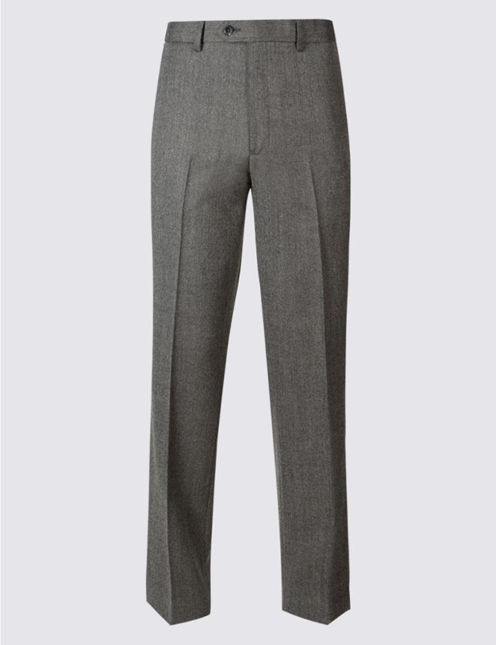 Marks & Spencer Regular Wool Blend Single Pleated Trousers Grey Mix