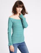 Marks & Spencer Cotton Blend Striped Long Sleeve Bardot Top Green Mix