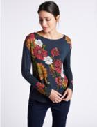 Marks & Spencer Floral Print Embellished Long Sleeve T-shirt Navy