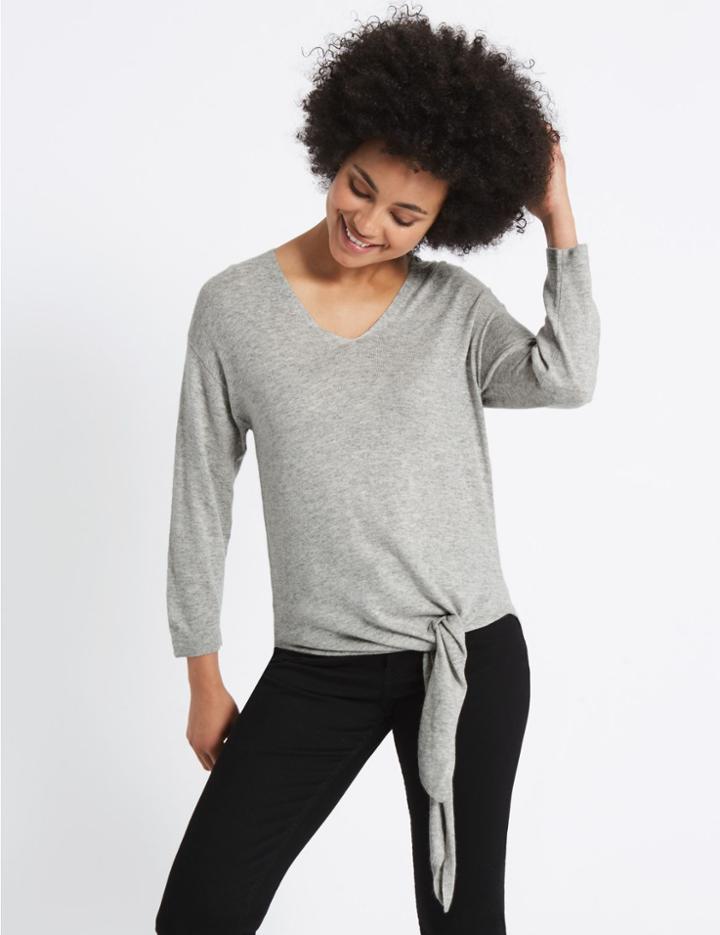 Marks & Spencer Tie Front V-neck Jumper Grey Marl
