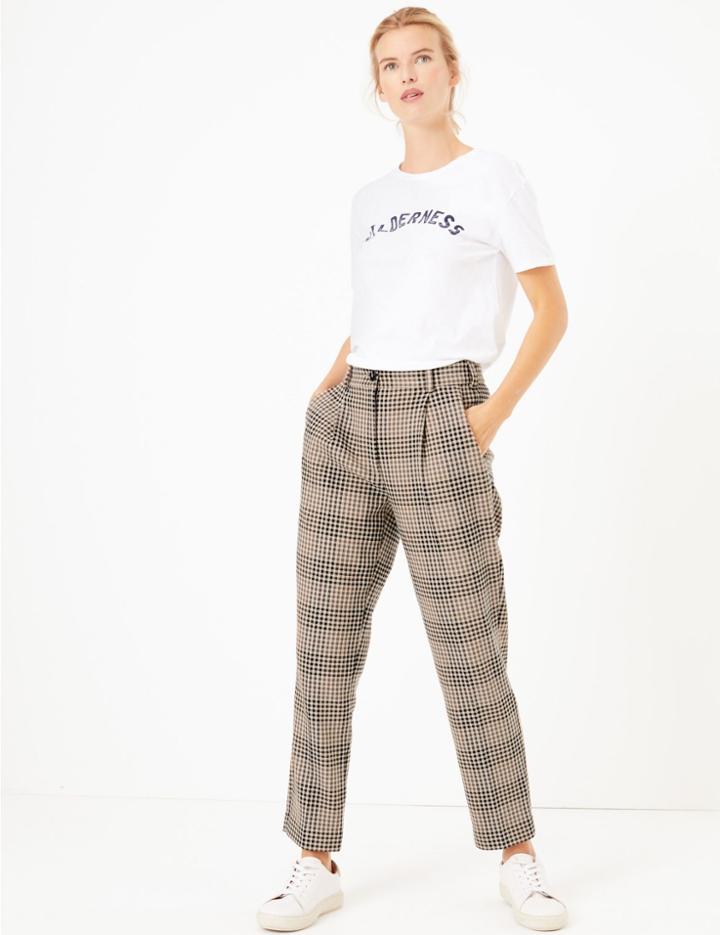 Marks & Spencer Checked Tapered Ankle Grazer Trousers Brown Mix