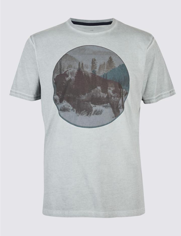 Marks & Spencer Pure Cotton Printed Crew Neck T-shirt Silver Grey