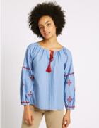 Marks & Spencer Striped Embroidered Long Sleeve Blouse Blue Mix