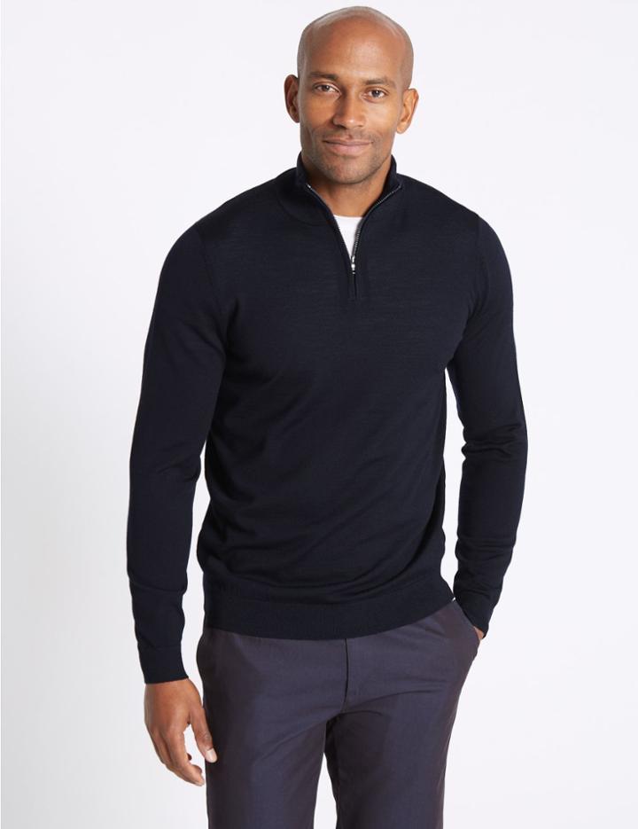 Marks & Spencer Pure Merino Wool Half Zipped Jumper Navy