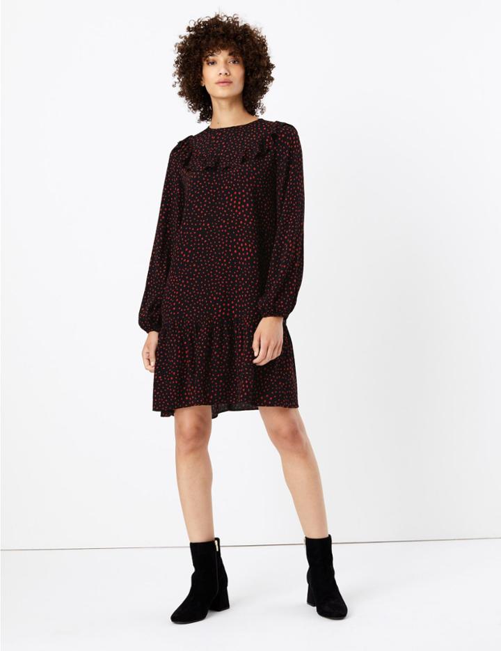 Marks & Spencer Polka Dot Bib Detail Relaxed Mini Dress Black Mix