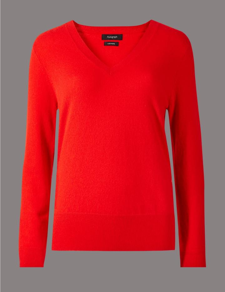 Marks & Spencer Pure Cashmere Ribbed Hem V-neck Jumper Poppy