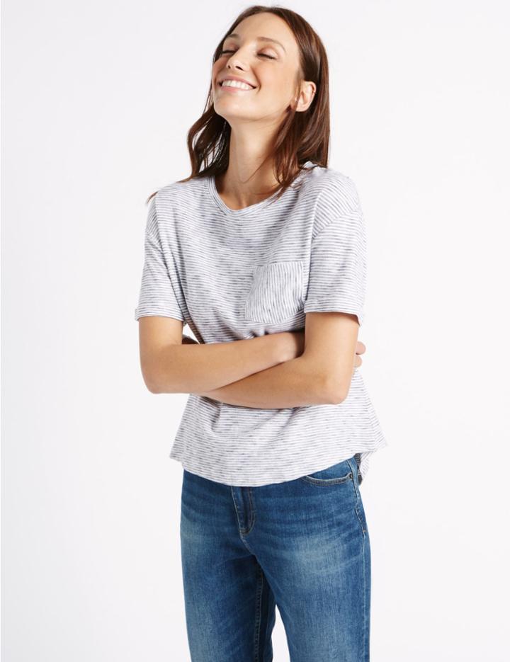 Marks & Spencer Pure Cotton Striped Short Sleeve T-shirt Blue Mix