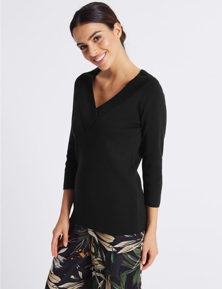 Marks & Spencer Textured V-neck 3/4 Sleeve Jumper Black