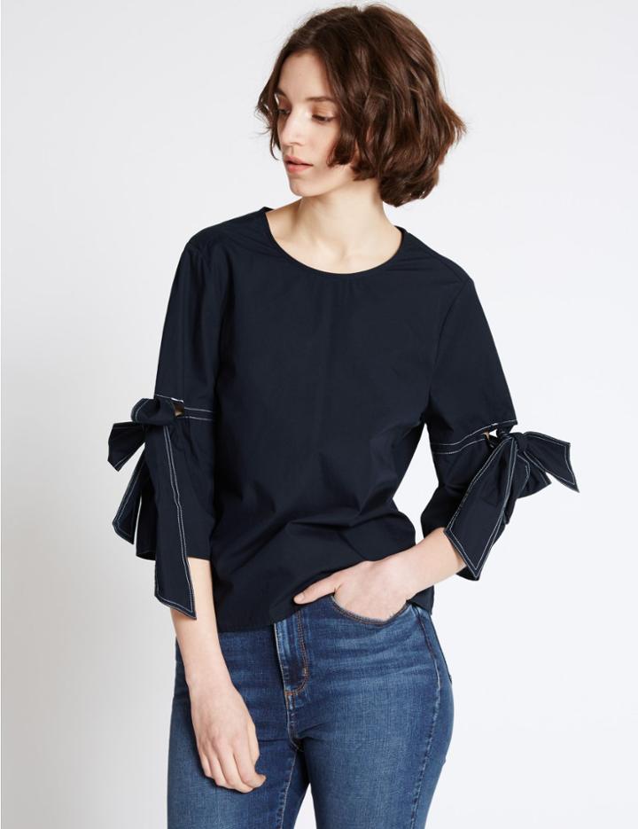 Marks & Spencer Pure Cotton Tie Sleeve Poplin Shell Top Navy