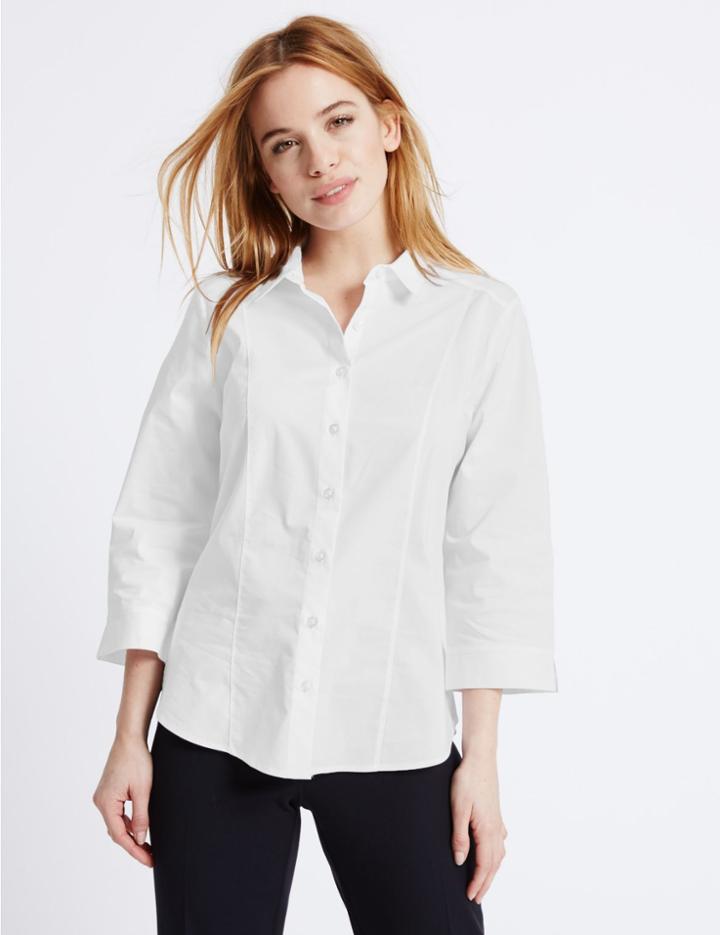 Marks & Spencer Petite Cotton Rich 3/4 Sleeve Shirt White