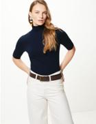 Marks & Spencer High Neck Short Sleeve Fitted T-shirt Navy
