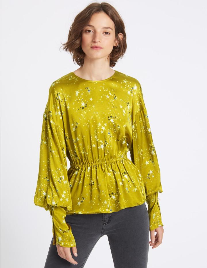 Marks & Spencer Star Print Drawstring Peplum Shell Top Green Mix