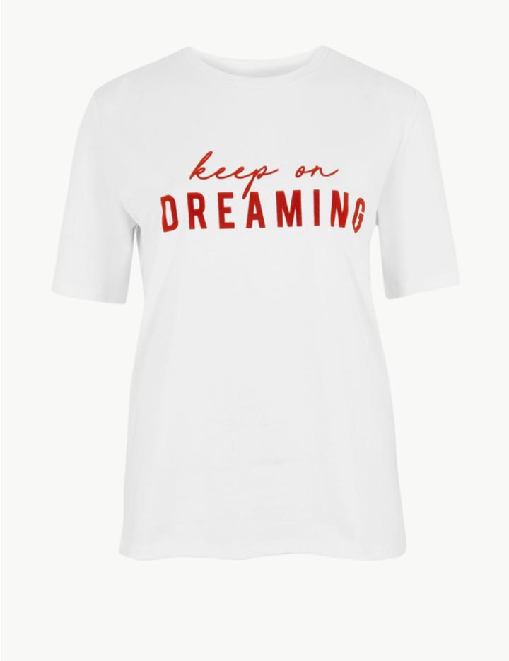 Marks & Spencer Cotton Keep On Dreaming Slogan T-shirt White Mix