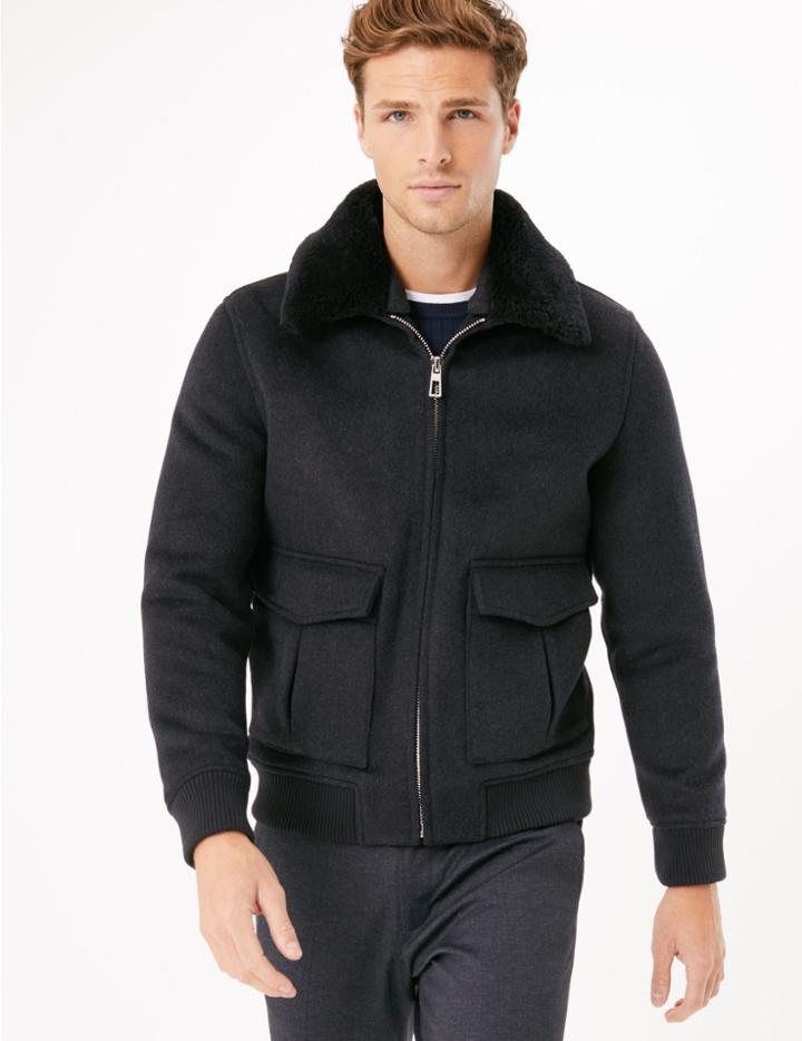 Marks & Spencer Wool Blend Borg Collar Jacket Grey
