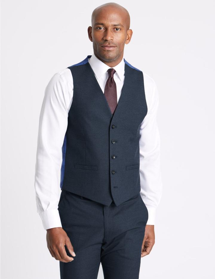 Marks & Spencer Blue Textured Modern Slim Fit Waistcoat Blue