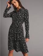 Marks & Spencer Pure Silk Printed Sleeve Detail Shirt Dress Black