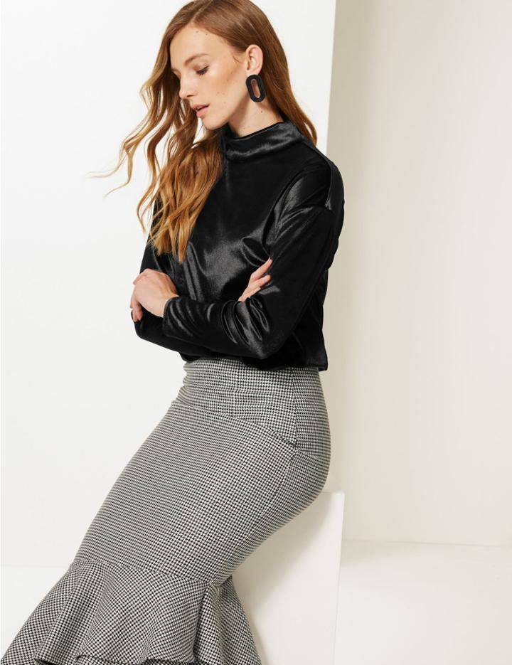 Marks & Spencer Velvet Funnel Neck Long Sleeve Top Black