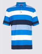 Marks & Spencer Pure Cotton Striped Polo Shirt Bright Blue Mix