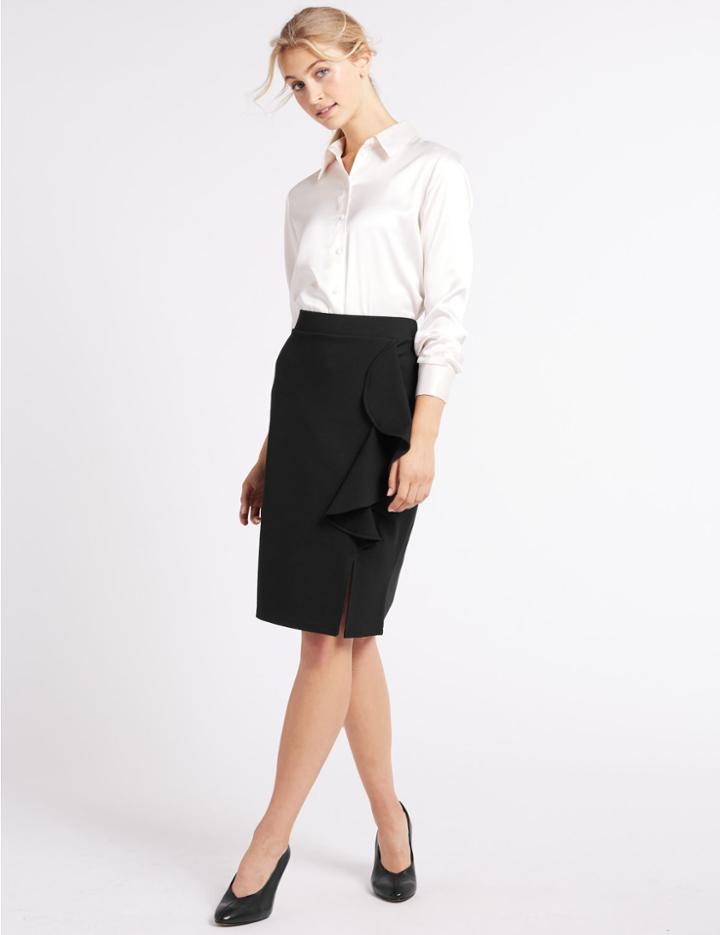 Marks & Spencer Ruffle Front Split Pencil Midi Skirt Black