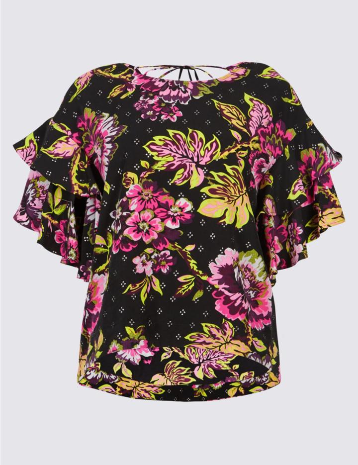 Marks & Spencer Floral Print Ruffle Sleeve Shell Top Black Mix