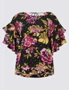 Marks & Spencer Floral Print Ruffle Sleeve Shell Top Black Mix