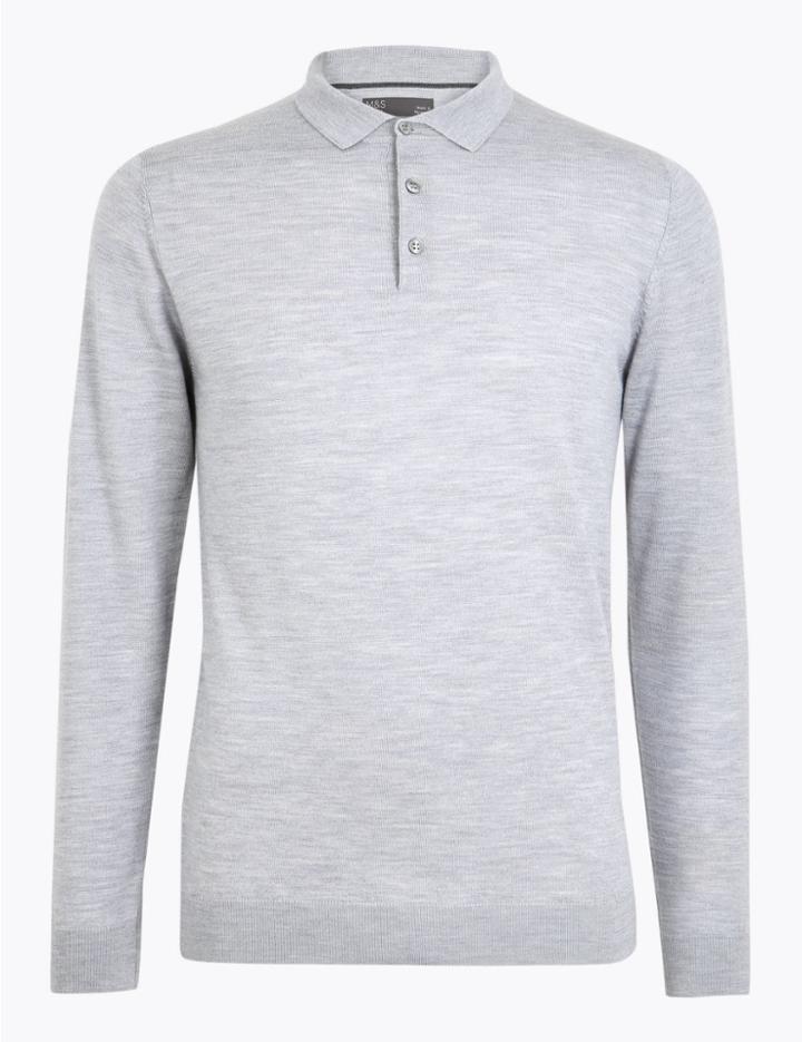 Marks & Spencer Pure Merino Wool Polo Shirt Silver