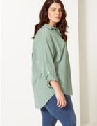 Marks & Spencer Curve Cotton Rich Striped Long Sleeve Shirt Dark Green Mix