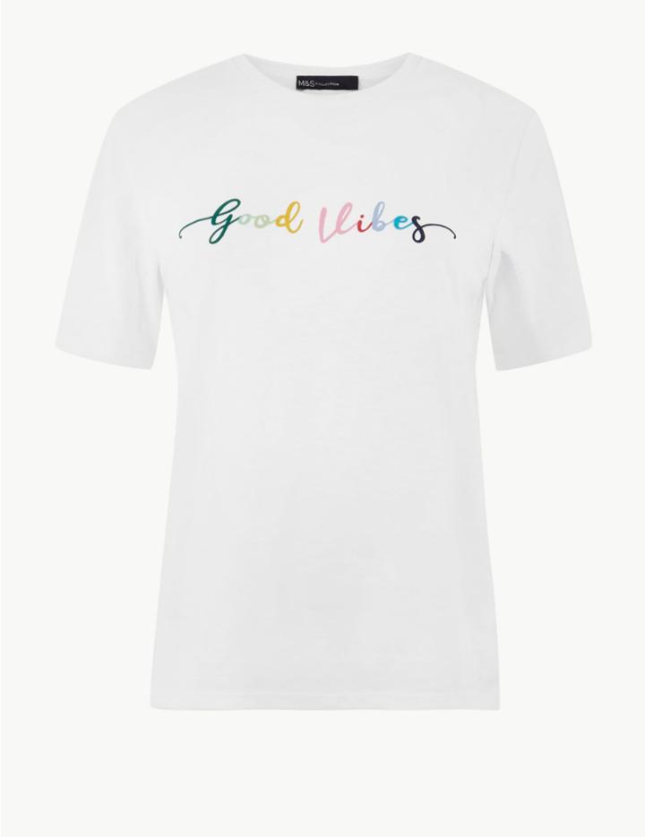 Marks & Spencer Pure Cotton Slogan T-shirt Soft White