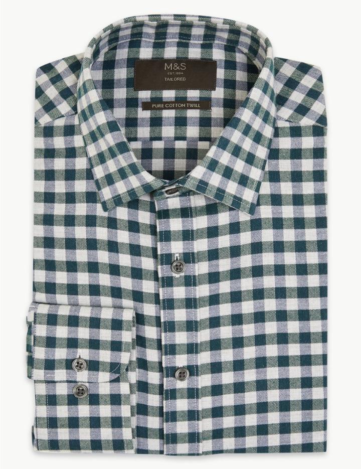 Marks & Spencer Pure Cotton Tailored Fit Shirt Green Mix