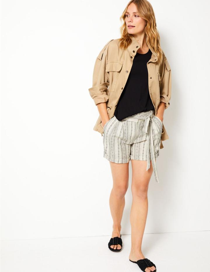 Marks & Spencer Linen Blend Striped Casual Shorts Ivory Mix