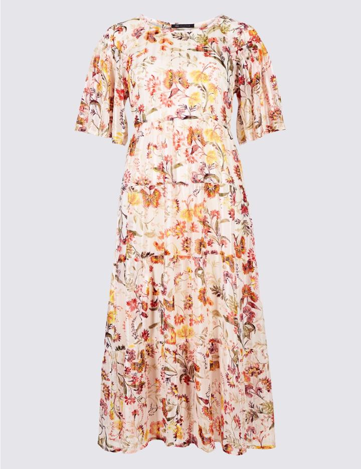 Marks & Spencer Floral Print Half Sleeve Skater Midi Dress Ivory Mix