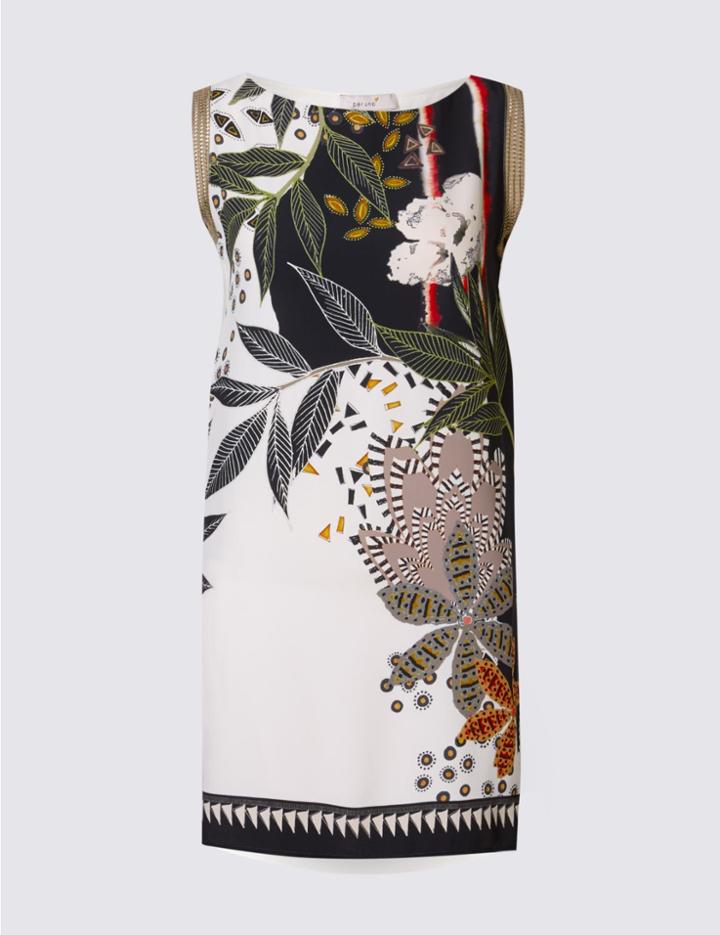 Marks & Spencer Leaf Print Slash Neck Sleeveless Jersey Top Ivory Mix