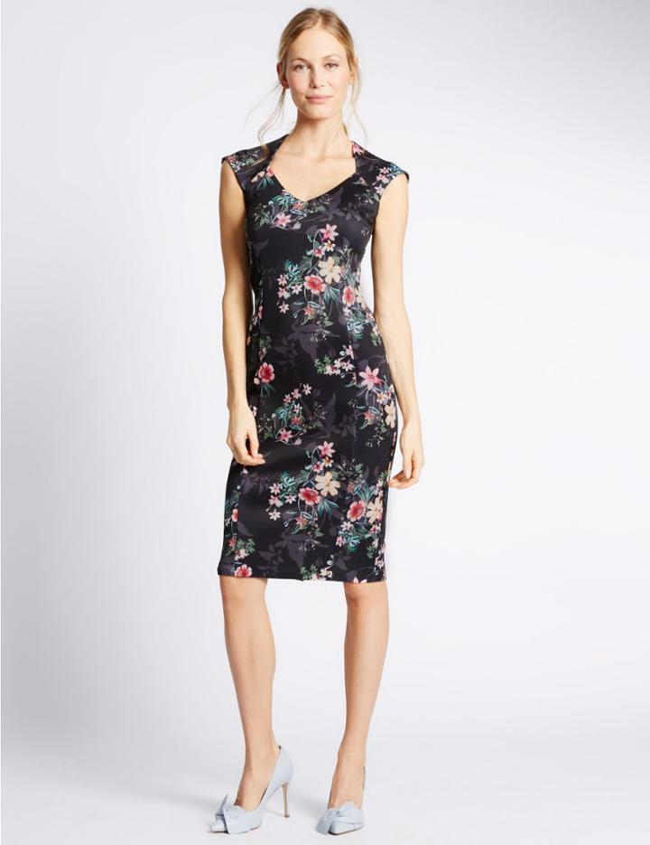 Marks & Spencer Floral Shadow Cap Sleeve Scuba Dress Black Mix