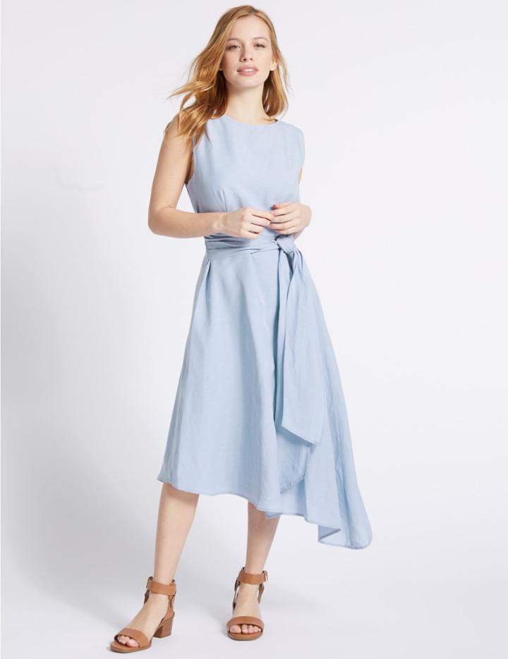 Marks & Spencer Petite Linen Blend Tie Waist Slip Midi Dress Blue