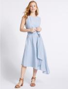 Marks & Spencer Petite Linen Blend Tie Waist Slip Midi Dress Blue
