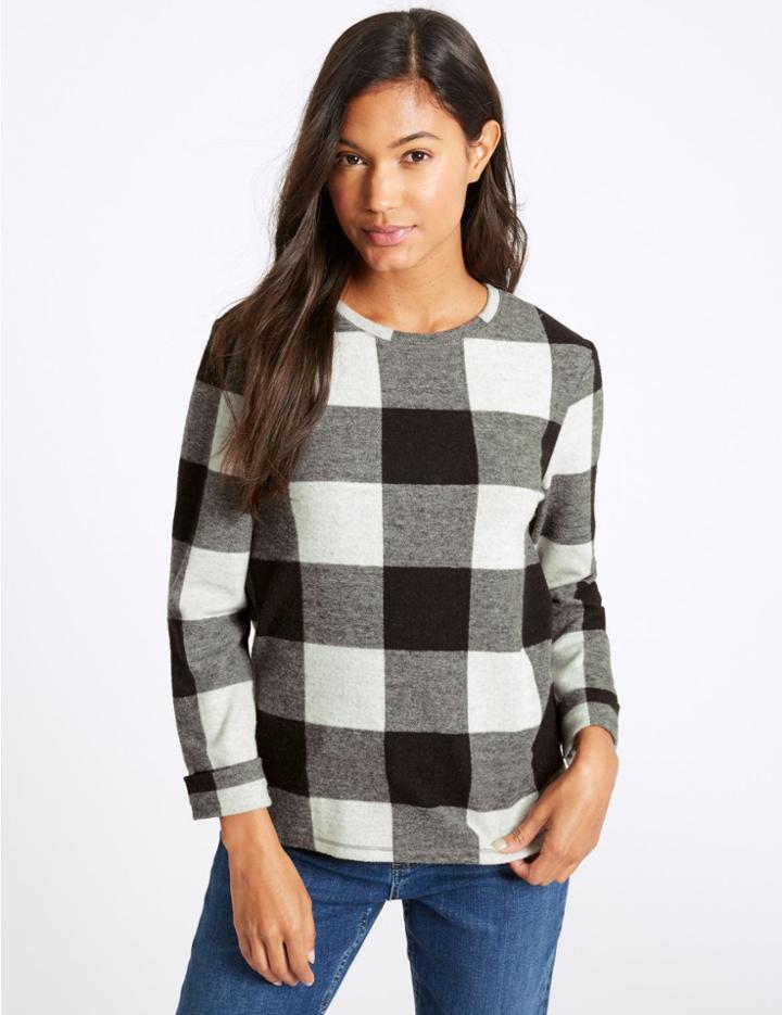 Marks & Spencer Checked Round Neck Long Sleeve Sweatshirt Grey Mix