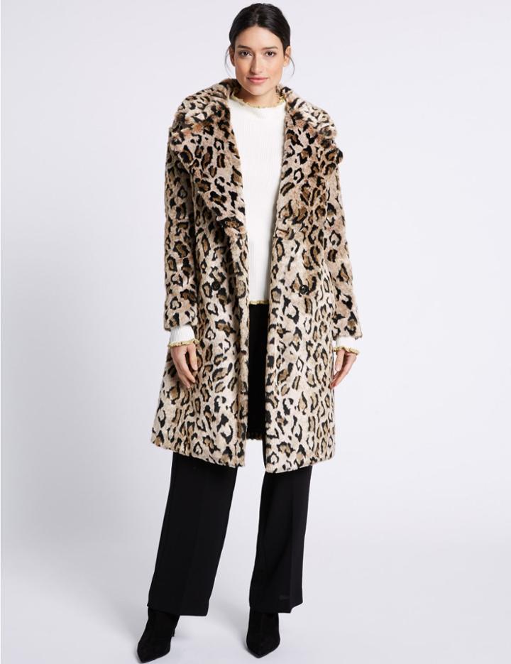 Marks & Spencer Leopard Faux Fur Coat Natural Mix